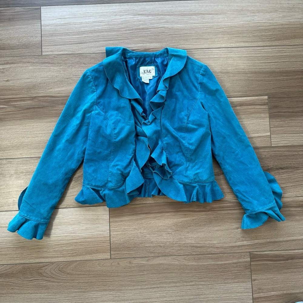 Anthropologie Teal Ruffle Jacket